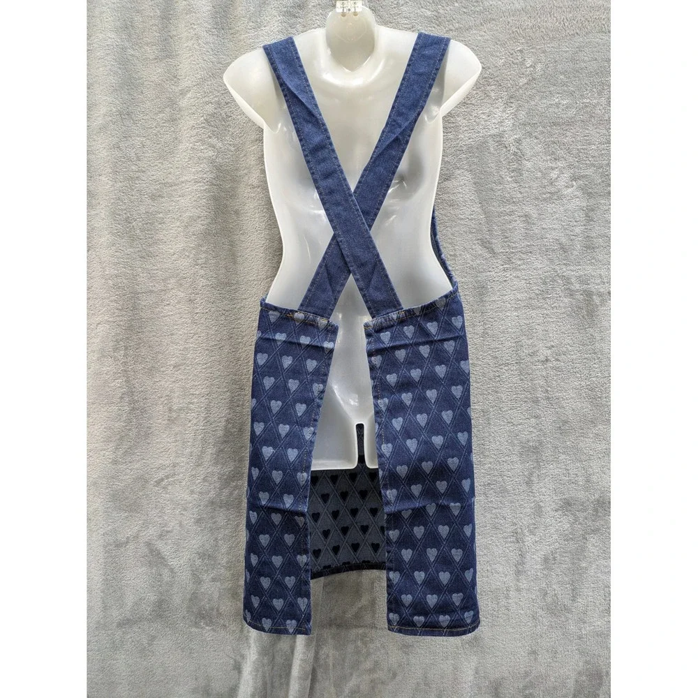 Kawaii Heart Print Denim Apron Women Blue Cross Back Pinafore